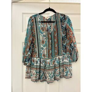 Umgee USA L Boho Paisley Peplum Blouse 3/4‎ Sleeve Tunic Top